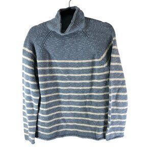 LL Bean Womens Sweater Mock Neck Chunky Knit Cotton Striped Blue White L